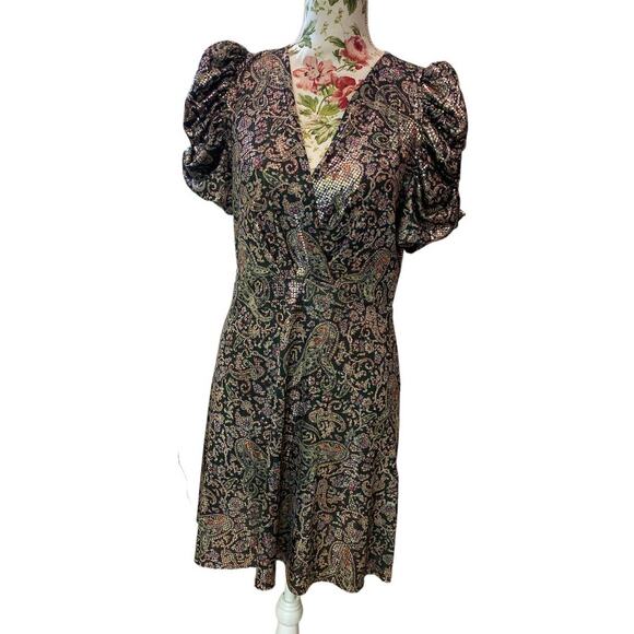 NWT BA&SH Gala Mini Dress Puffed Sleeve Surplice Neckline  Metallic Shimmer  LG - Picture 2 of 13